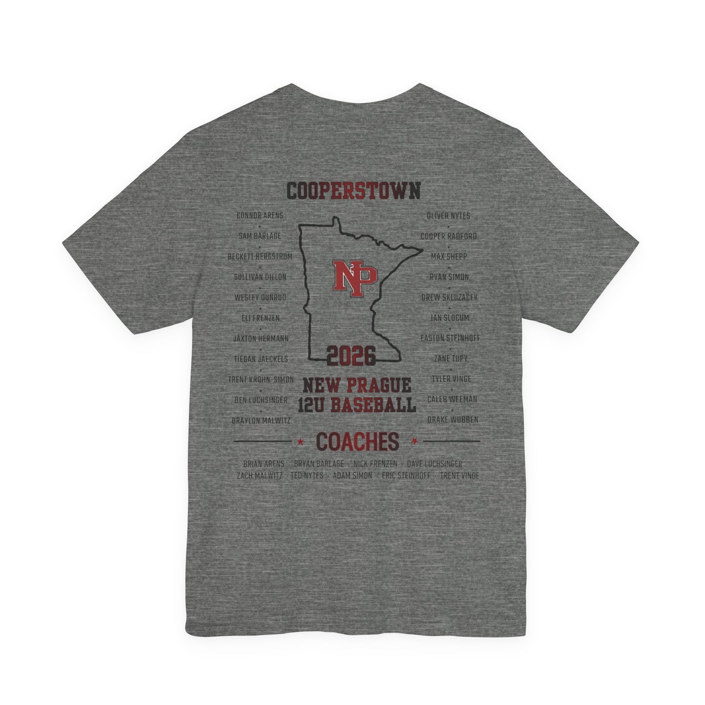 New Prague 12U Baseball Team Tee — Cooperstown 2026 Coaches & Player Roster