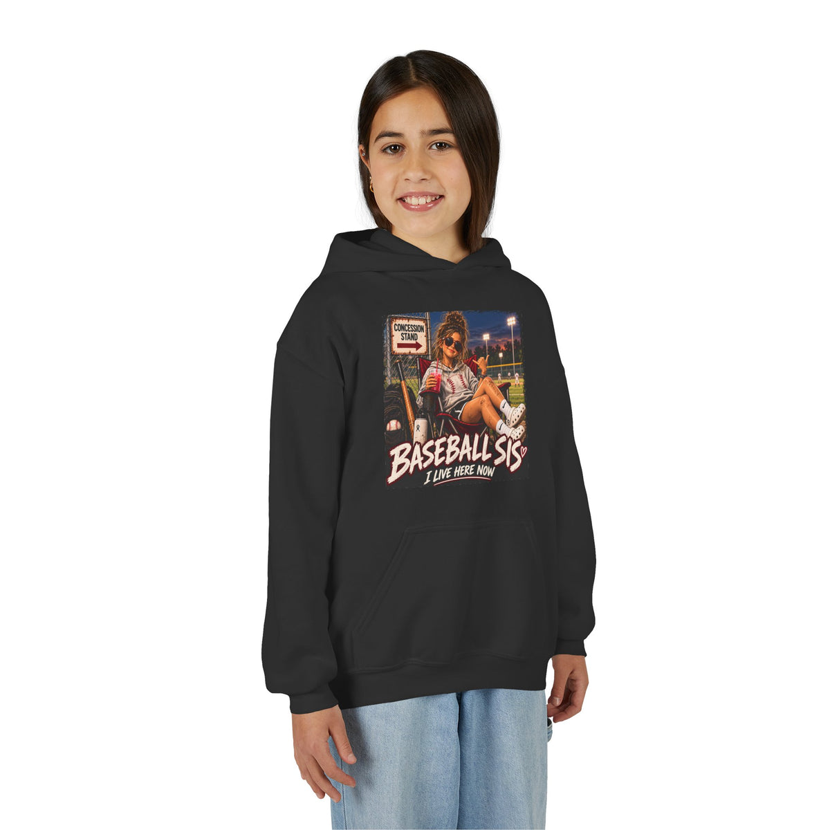 Baseball Sis I Live Here Now Youth Hoodie | Funny Baseball Sister Kids Sweatshirt