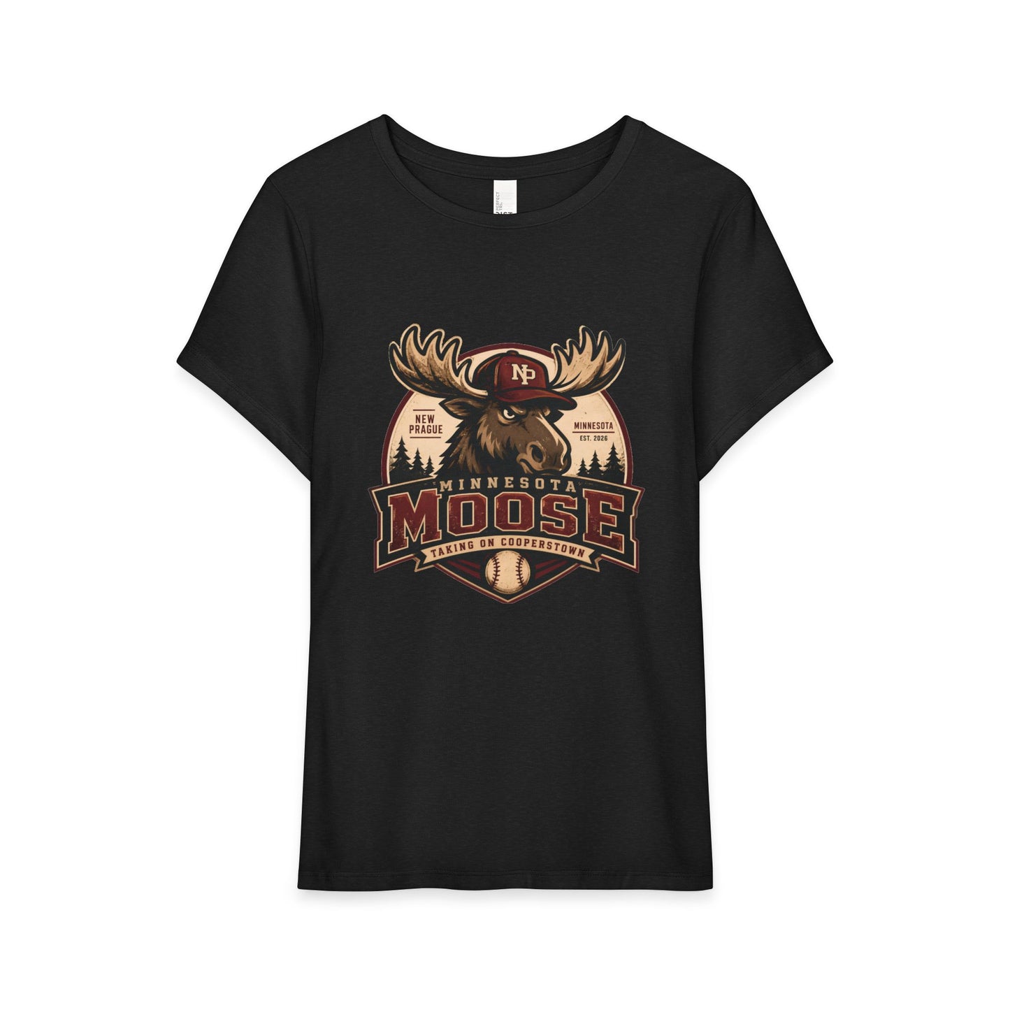 Retro Moose Adventure Women's Tee — Vintage Minnesota Cabin Graphic Shirt