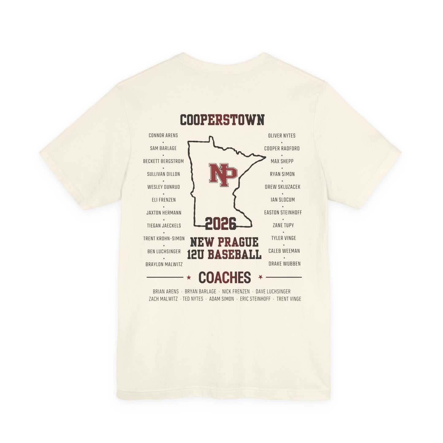 New Prague 12U Baseball Team Tee — Cooperstown 2026 Coaches & Player Roster