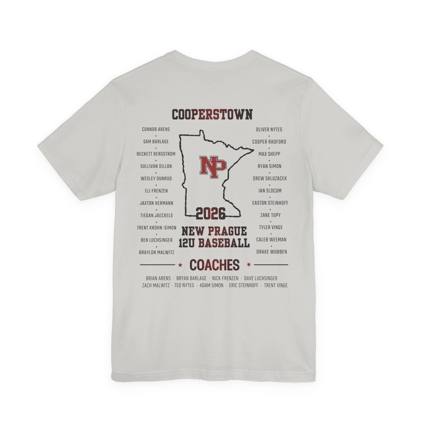 New Prague 12U Baseball Team Tee — Cooperstown 2026 Coaches & Player Roster