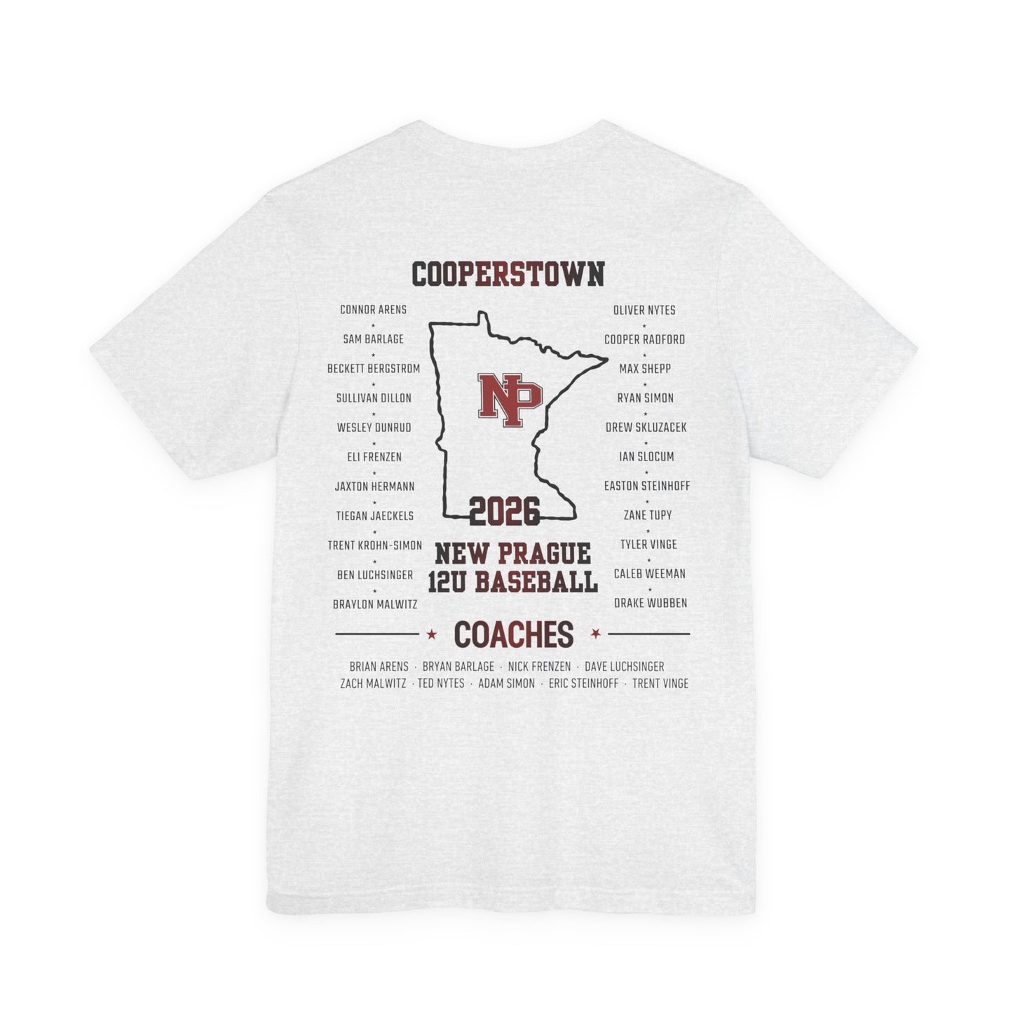 New Prague 12U Baseball Team Tee — Cooperstown 2026 Coaches & Player Roster