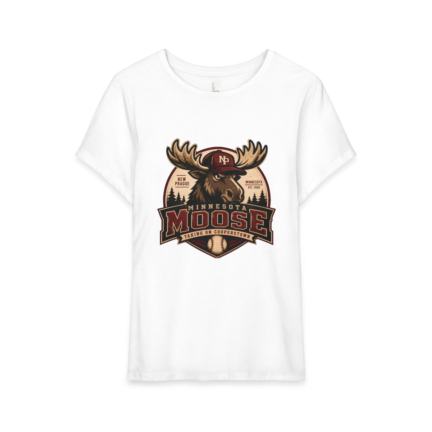 Retro Moose Adventure Women's Tee — Vintage Minnesota Cabin Graphic Shirt