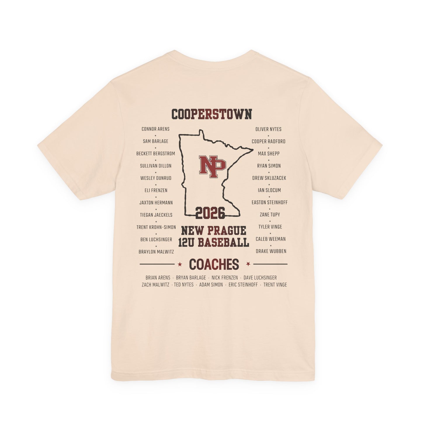 New Prague 12U Baseball Team Tee — Cooperstown 2026 Coaches & Player Roster