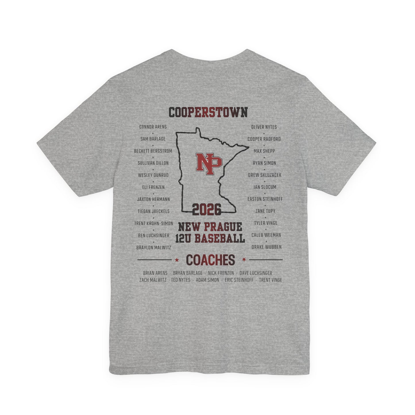 New Prague 12U Baseball Team Tee — Cooperstown 2026 Coaches & Player Roster