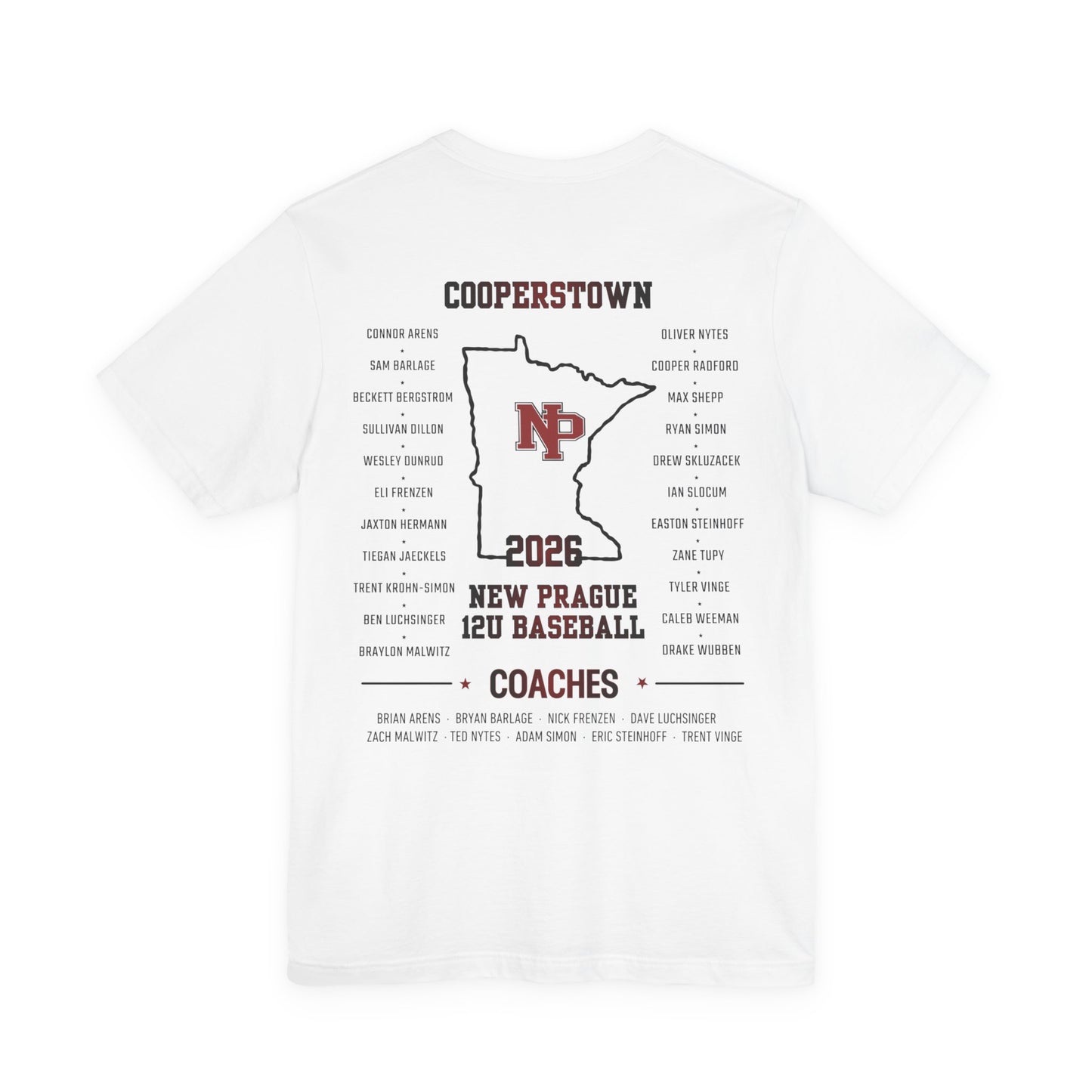 New Prague 12U Baseball Team Tee — Cooperstown 2026 Coaches & Player Roster